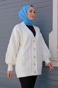 Örme Detay Triko Hırka Beyaz