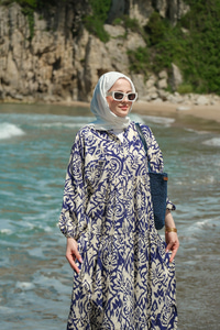 Otantik Desenli Elbise Lacivert