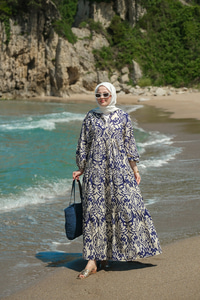 Otantik Desenli Elbise Lacivert