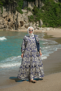 Otantik Desenli Elbise Lacivert