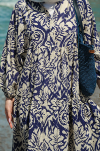 Otantik Desenli Elbise Lacivert