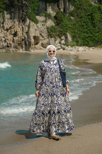 Otantik Desenli Elbise Lacivert