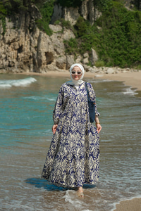 Otantik Desenli Elbise Lacivert