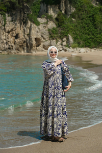 Otantik Desenli Elbise Lacivert