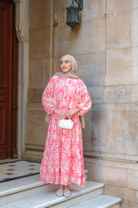 Otantik Desenli Elbise Pembe