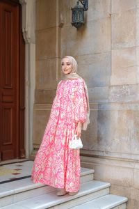 Otantik Desenli Elbise Pembe