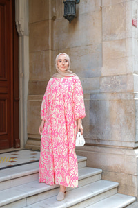 Otantik Desenli Elbise Pembe