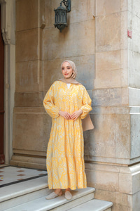 Otantik Desenli Elbise Sarı