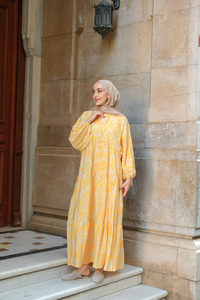 Otantik Desenli Elbise Sarı