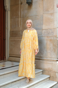 Otantik Desenli Elbise Sarı