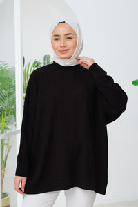 Oversize Bisiklet Yaka Triko Kazak Siyah