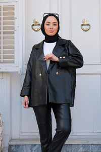 Oversize Blazer Deri Ceket Siyah