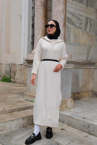 Oversize Boğazlı Triko Elbise Bej