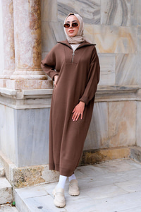 Oversize Boğazlı Triko Elbise Kahverengi