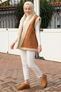 Oversize İçi Kürklü Nubuk Yelek Camel