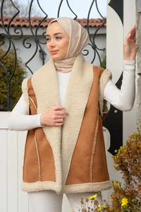 Oversize İçi Kürklü Nubuk Yelek Camel