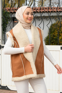 Oversize İçi Kürklü Nubuk Yelek Camel