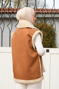 Oversize İçi Kürklü Nubuk Yelek Camel