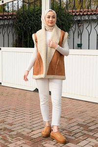 Oversize İçi Kürklü Nubuk Yelek Camel