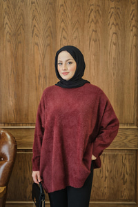 Oversize Kesim Peluş Kazak Bordo