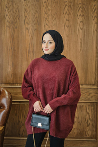 Oversize Kesim Peluş Kazak Bordo