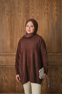 Oversize Kesim Peluş Kazak Kahverengi