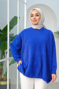 Oversize Kesim Peluş Kazak Saks Mavi