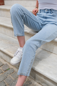Paça Taşlı Kot Pantolon Buz Mavi