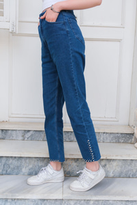 Paça Taşlı Kot Pantolon Mavi