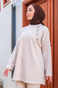 Paça Ve Omuz Detaylı Düğmeli İkili Takım Krem