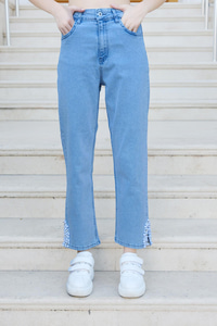 Paçası Boncuk Detay Pantolon Buz Mavi