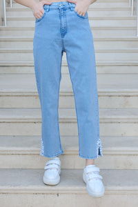 Paçası Boncuk Detay Pantolon Buz Mavi