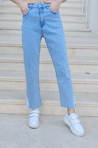 Paçası Boncuk Detay Pantolon Buz Mavi