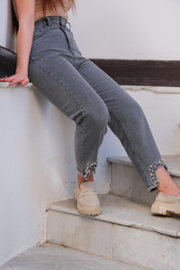 Paçası Boncuklu Boru Paça Kot Pantolon  Füme