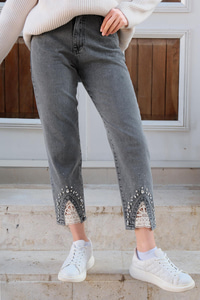 Paçası Dantel Detaylı Boru Paça Pantolon Füme