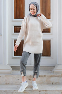 Paçası Dantel Detaylı Boru Paça Pantolon Füme