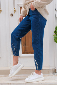 Paçası Dantel Detaylı Boru Paça Pantolon Koyu Mavi