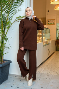 Paçası Fermuarlı İkili Triko Takım Acı Kahve