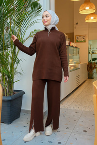 Paçası Fermuarlı İkili Triko Takım Acı Kahve