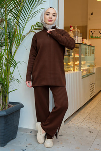 Paçası Fermuarlı İkili Triko Takım Acı Kahve