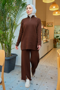 Paçası Fermuarlı İkili Triko Takım Acı Kahve