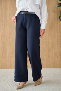 Paçası Katlama Detay Kemerli Pantolon Lacivert