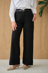 Paçası Katlama Detay Kemerli Pantolon Siyah