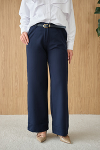 Paçası Katlama Detay Kemerli Pantolon Lacivert