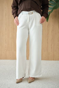 Paçası Katlama Detay Kemerli Pantolon Ekru