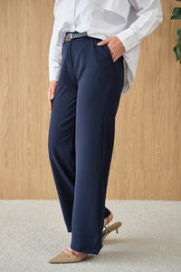 Paçası Katlama Detay Kemerli Pantolon Lacivert