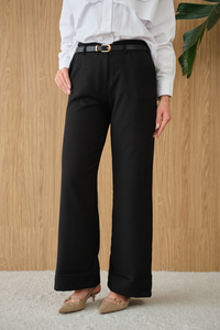 Paçası Katlama Detay Kemerli Pantolon Siyah