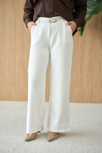 Paçası Katlama Detay Kemerli Pantolon Ekru