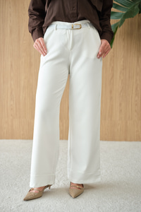 Paçası Katlama Detay Kemerli Pantolon Ekru