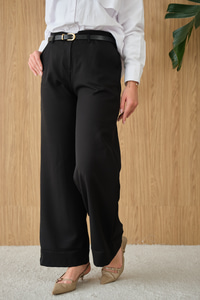 Paçası Katlama Detay Kemerli Pantolon Siyah